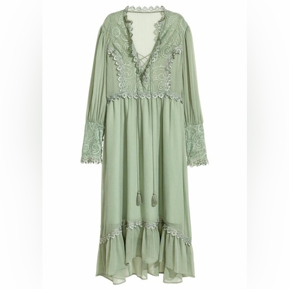 H&M Green Chiffon Crochet Lace Boho Prairie Midi Length Lined Dress Womens 10 - Picture 9 of 13